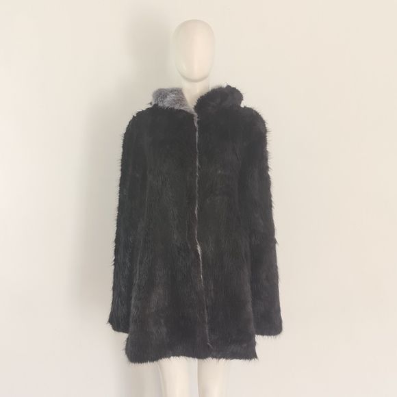 CHESCA (2) Black Fur Coat Size UK 16 18 EU 44 46 Faux-Fur Collar Jacket Cosy - Picture 4 of 9